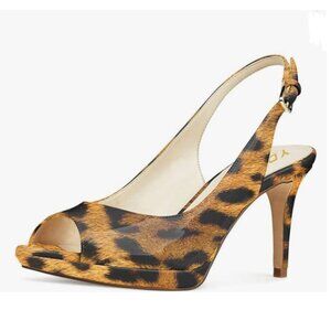 YDN Leopard Sexy High Heels Pumps Peep Toe Platform Block Slingback Dress Shoes